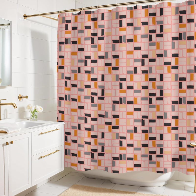 Worthwhile Goods Pink MidMod Shower Curtain – 72x72 Mid Century Modern Bathroom Curtain with Abstract Square Pattern, Retro Colorful Fabric Design for Apartments, Guest Baths, or Dorms - Image 1